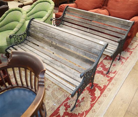 A pair of Victorian style slatted garden benches L.126cm